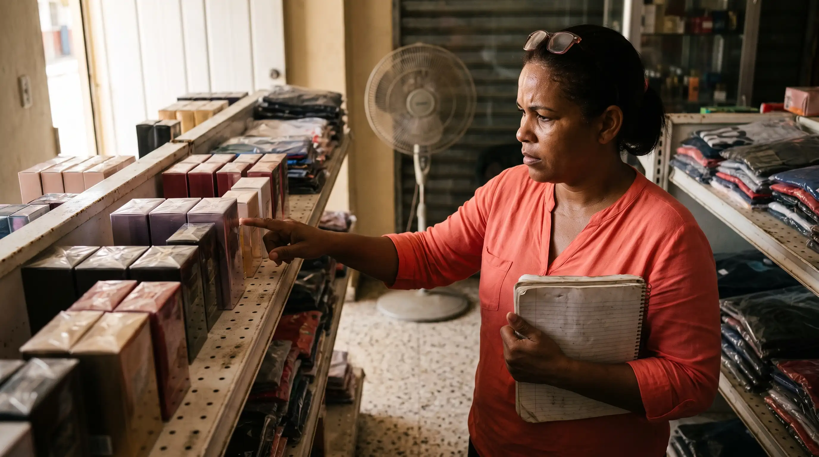 Dueña de una tienda de variedades contando productos en el estante con una libreta apoyada en el antebrazo.