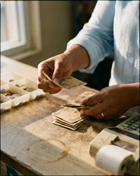Manos contando billetes gastados sobre el mostrador junto a una bandeja de monedas al abrir el negocio.