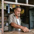 Dueño de un colmado dominicano detrás del mostrador, con los estantes llenos detrás.