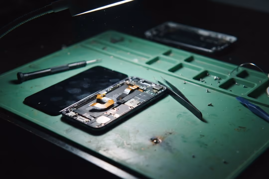 Banco de reparación con un teléfono abierto sobre una alfombrilla antiestática verde, un destornillador de precisión y una pinza a un lado.