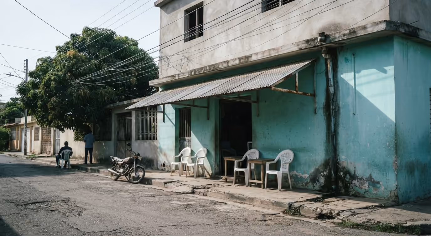 Fachada de un colmado dominicano de esquina al mediodía, con sillas plásticas y un motor parqueado en la acera.