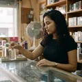 Dependienta de una perfumería manipulando un producto sobre el mostrador de cristal.