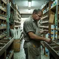 Ferretero revisando piezas pequeñas en los compartimentos de madera de un pasillo.