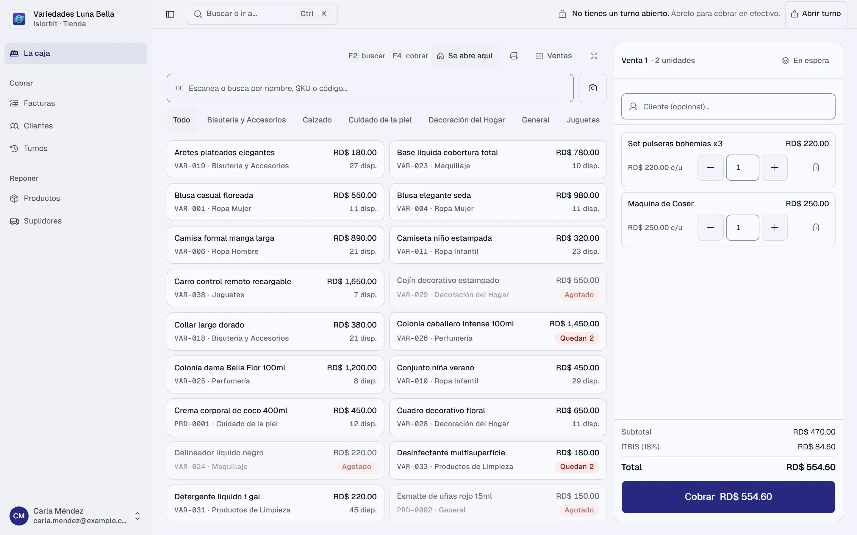 La caja vista por una cajera, con el menú reducido a La caja, Facturas, Clientes, Turnos, Productos y Suplidores, y dos productos en la venta.