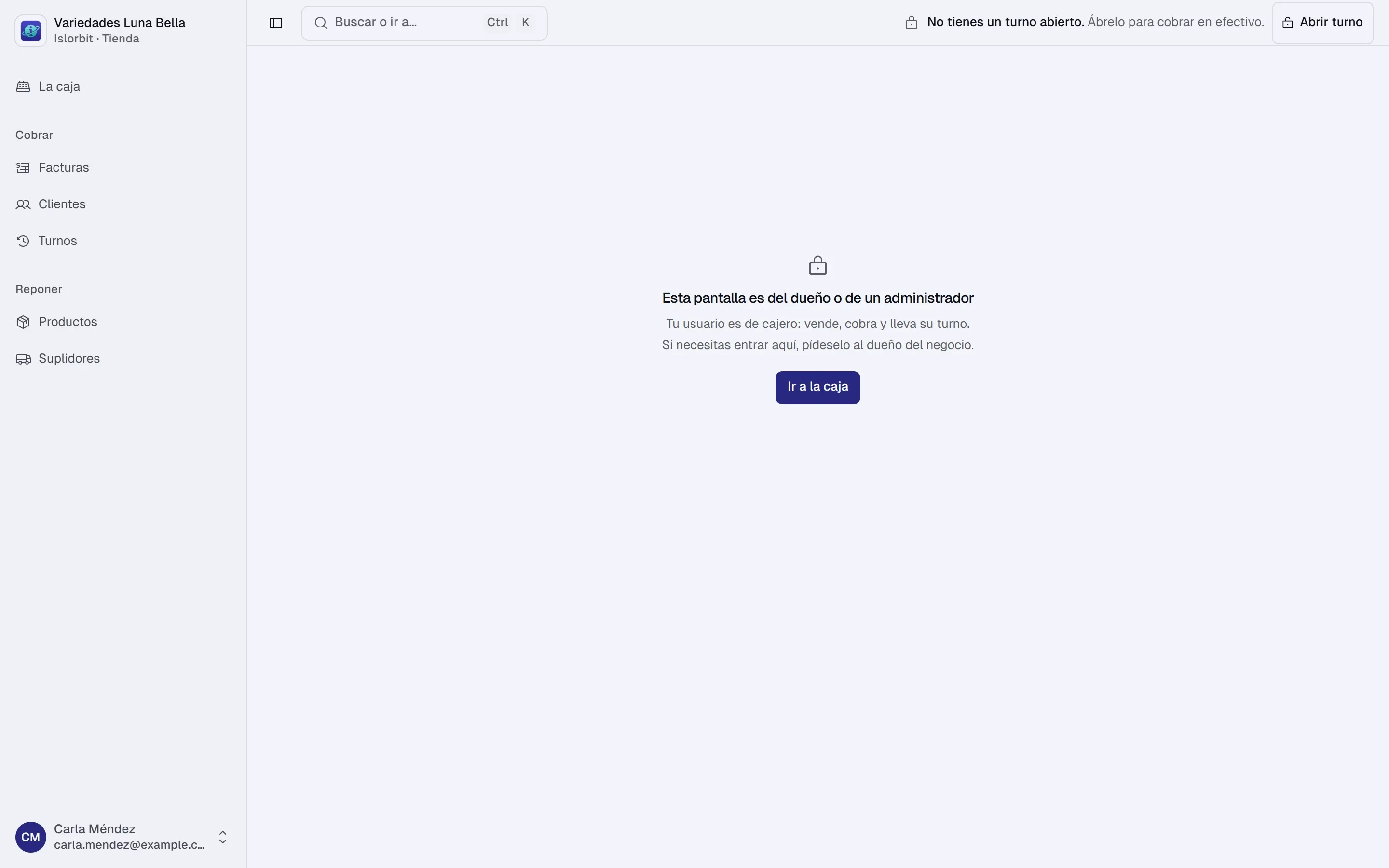 Aviso «Esta pantalla es del dueño o de un administrador» con el botón «Ir a la caja», tal como lo ve una cajera que abre Ajustes.