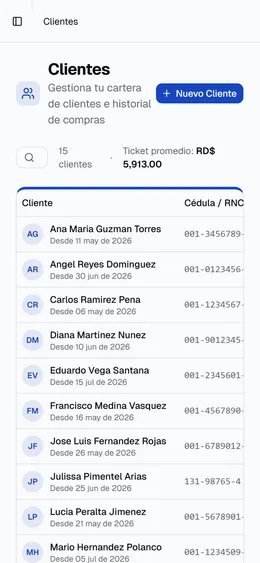 Listado de clientes de Islorbit en la pantalla de un celular, con el nombre, el total gastado y el número de compras de cada uno.