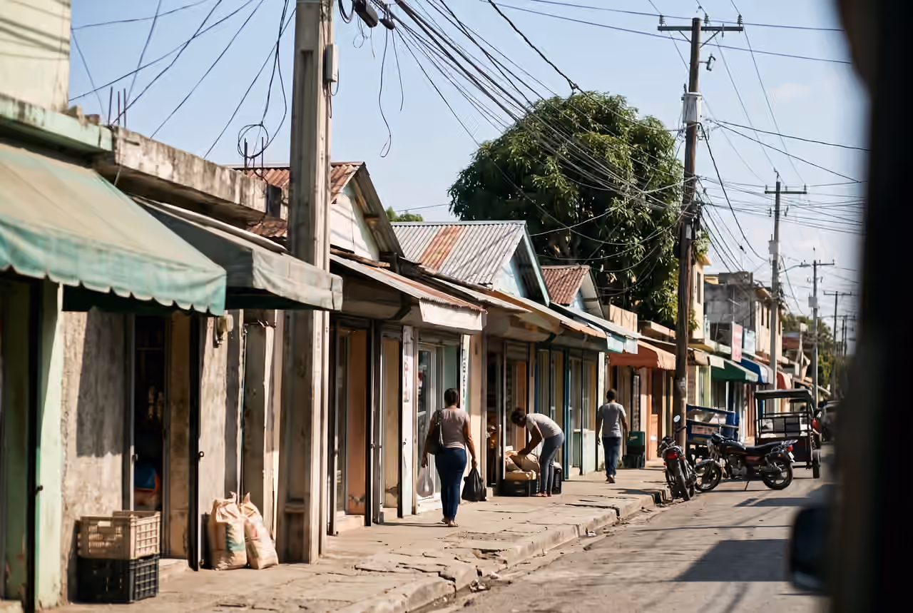 Una calle comercial dominicana a primera hora, vista a lo largo de la acera: toldos, cajas apiladas y gente de espaldas abriendo los negocios.