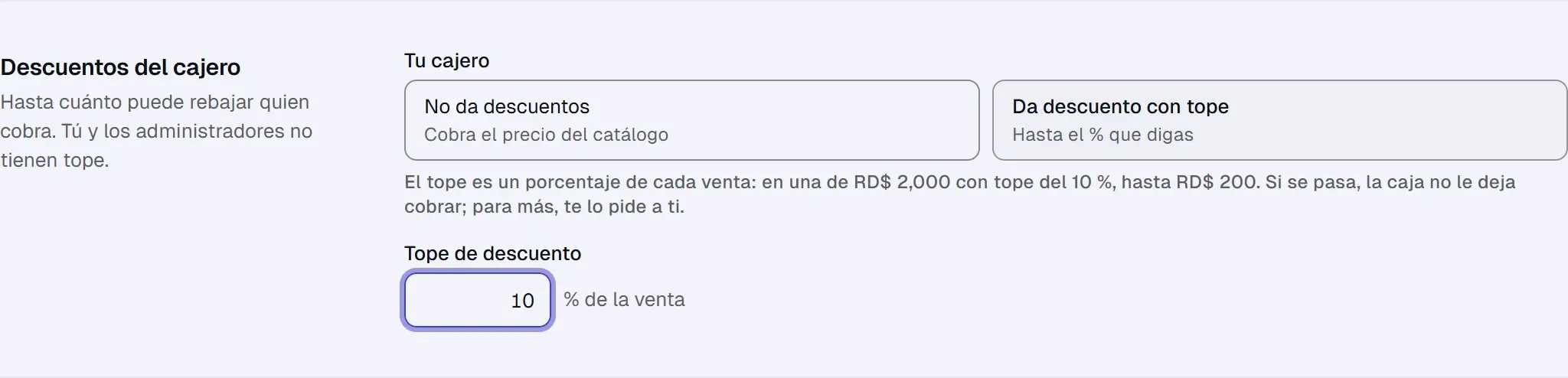 Sección «Descuentos del cajero» de Ajustes con las opciones «No da descuentos» y «Da descuento con tope», y el «Tope de descuento» en 10 % de la venta.