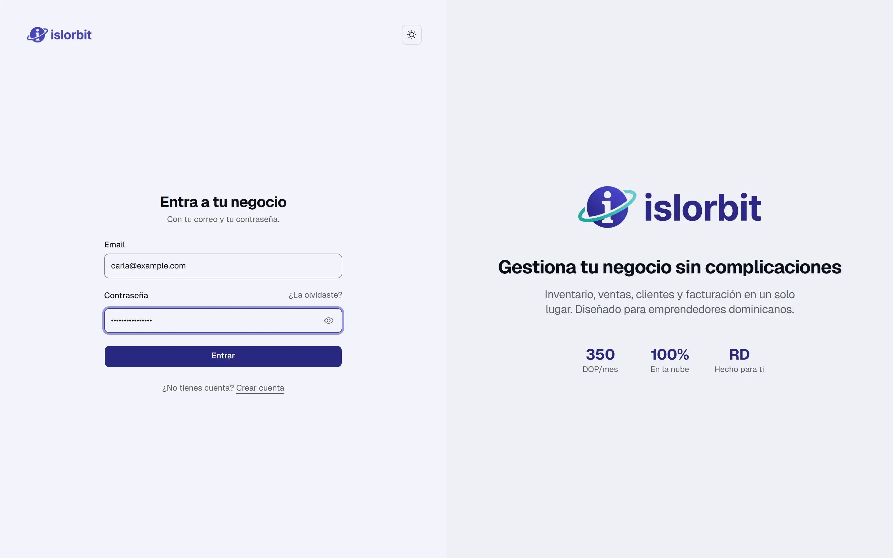Pantalla «Entra a tu negocio» con un correo de ejemplo escrito en «Email» y la contraseña tapada, lista para pulsar «Entrar».