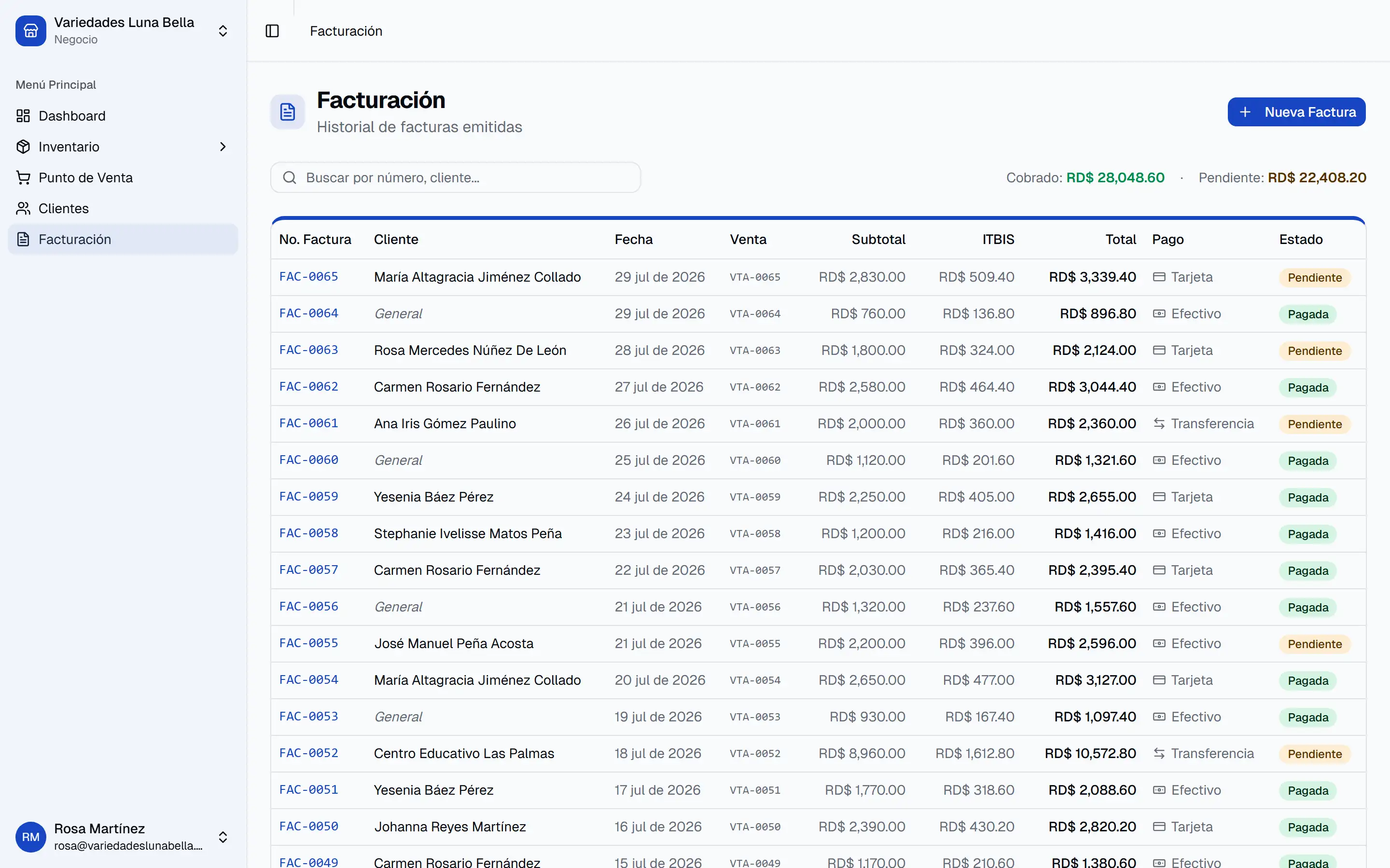 Listado de facturación de Islorbit con el número de factura, el cliente, la fecha, la venta que la originó, el subtotal, el ITBIS, el total, el método de pago y el estado de cada una.