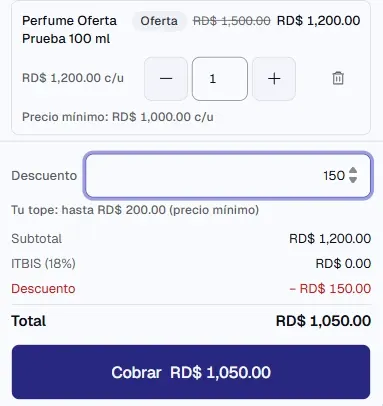 Venta en la caja vista por una cajera, con un producto que tiene precio mínimo, 150 en «Descuento» y debajo «Tu tope: hasta RD$ 200.00 (precio mínimo)».