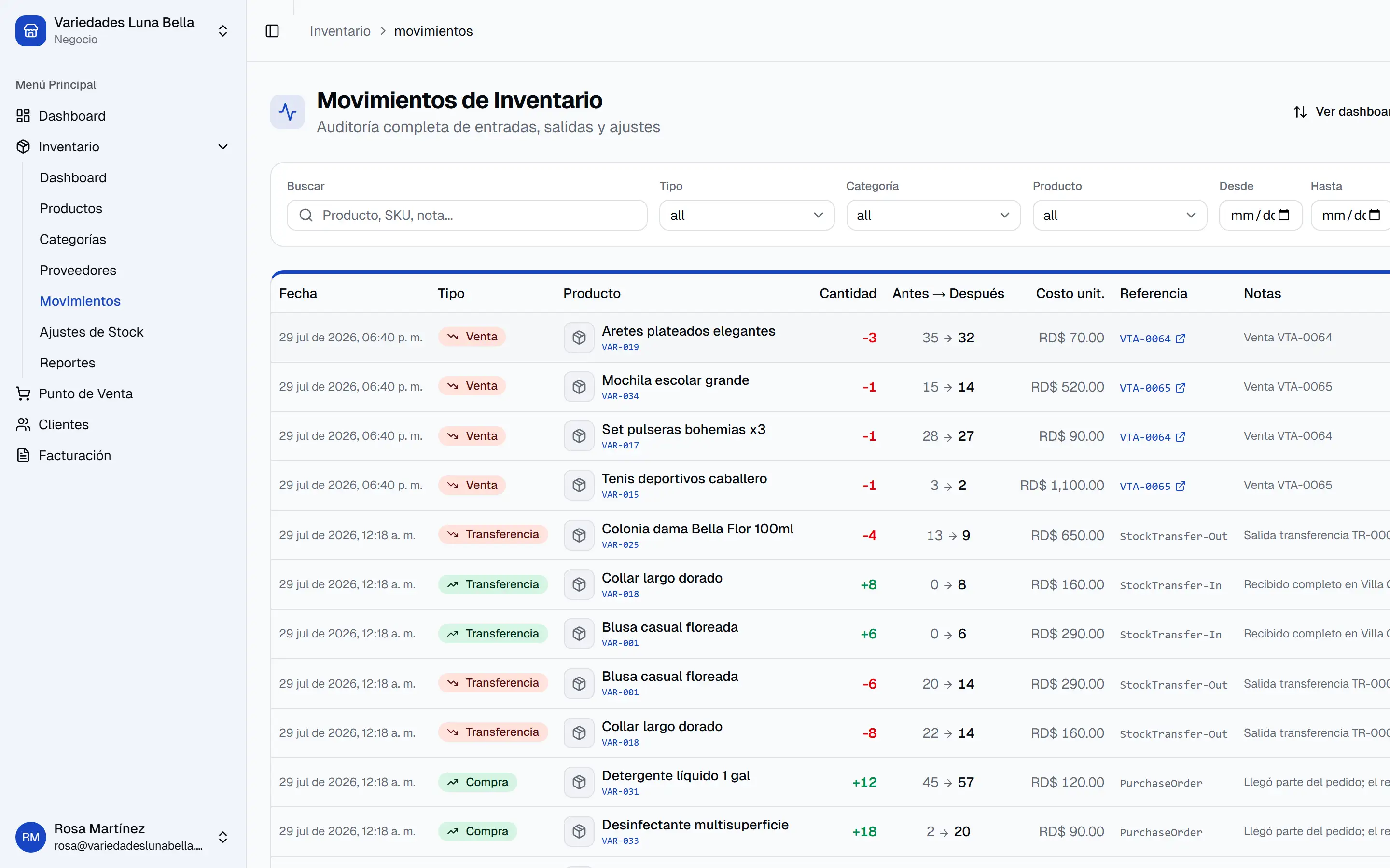 Movimientos de inventario de Islorbit: cada fila con su fecha, tipo, producto, cantidad, existencia antes y después, costo unitario y documento de referencia.