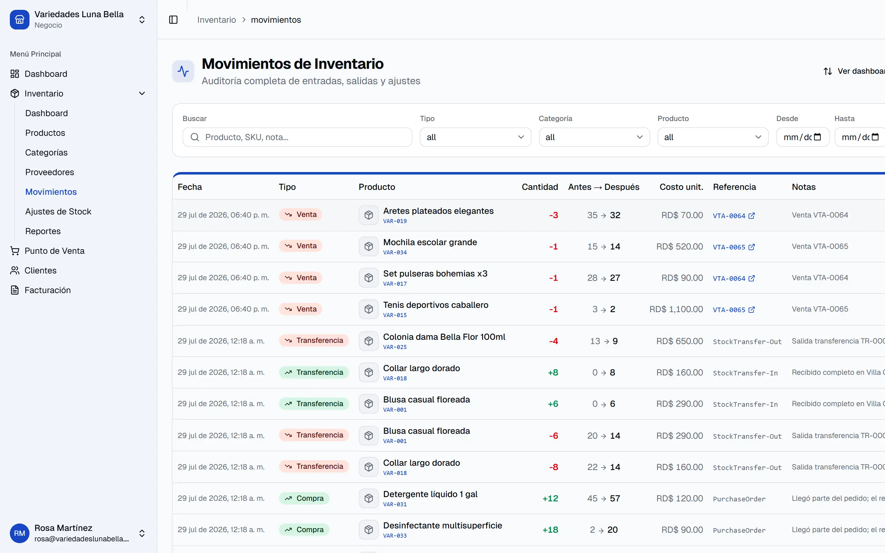 Movimientos de inventario con la existencia antes y después de cada venta, compra y transferencia.