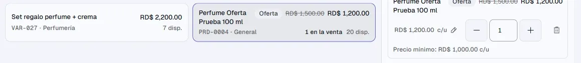 La caja con el producto en la lista y en la venta con la etiqueta «Oferta», RD$ 1,500.00 tachado y RD$ 1,200.00 al lado.
