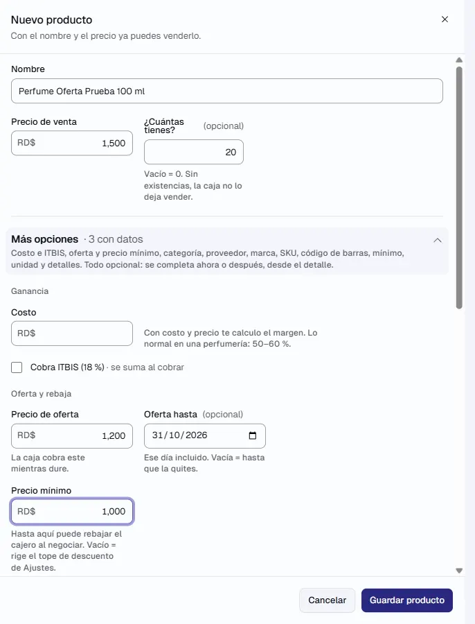 Ficha «Nuevo producto» con «Más opciones» abierto y la sección «Oferta y rebaja» con «Precio de oferta» en RD$ 1,200, «Oferta hasta» el 31/10/2026 y «Precio mínimo» en RD$ 1,000, para un producto de RD$ 1,500.