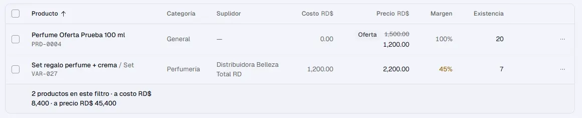 Lista de «Productos» donde, en la columna «Precio», un producto lleva la etiqueta «Oferta» con 1,500.00 tachado y 1,200.00 debajo.