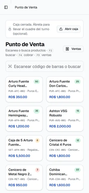 Punto de venta de Islorbit en la pantalla de un celular, con el buscador de productos y el carrito accesibles con una mano.