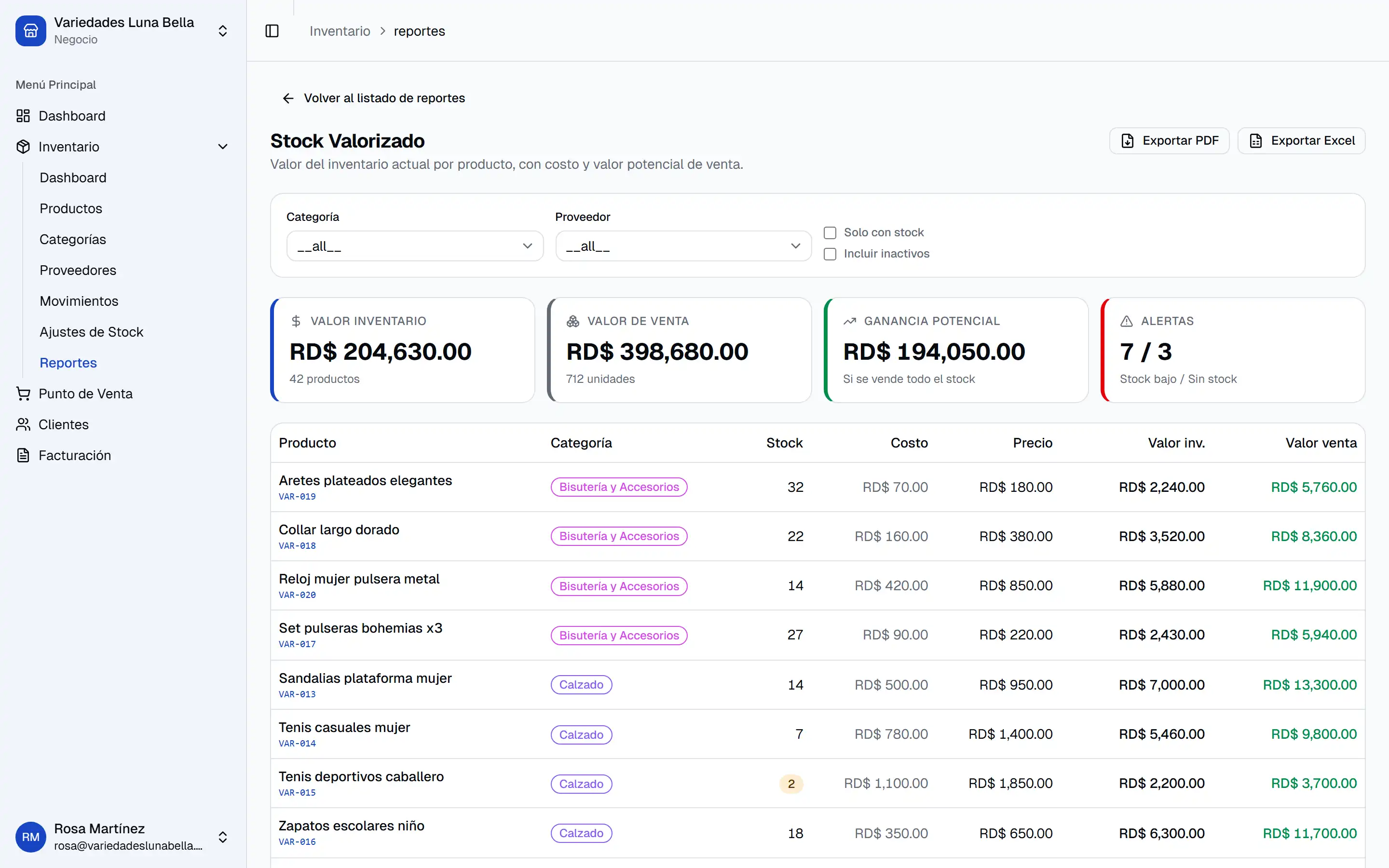 Reporte de stock valorizado de Islorbit con el valor del inventario, el valor de venta, la ganancia potencial y las alertas de stock.