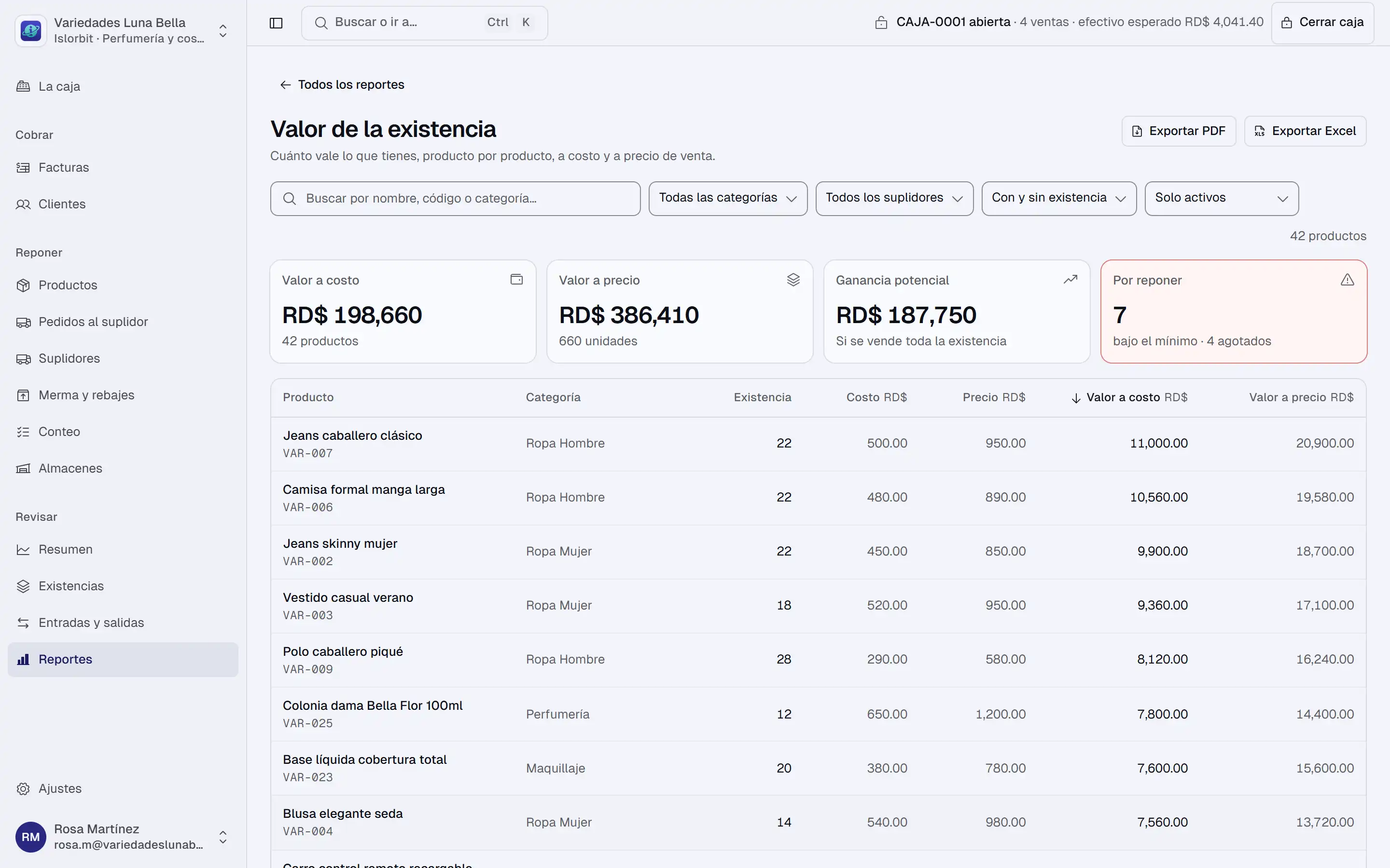 Reporte del valor de la existencia en Islorbit con el valor a costo, el valor a precio, la ganancia potencial, los productos por reponer y la tabla por producto.