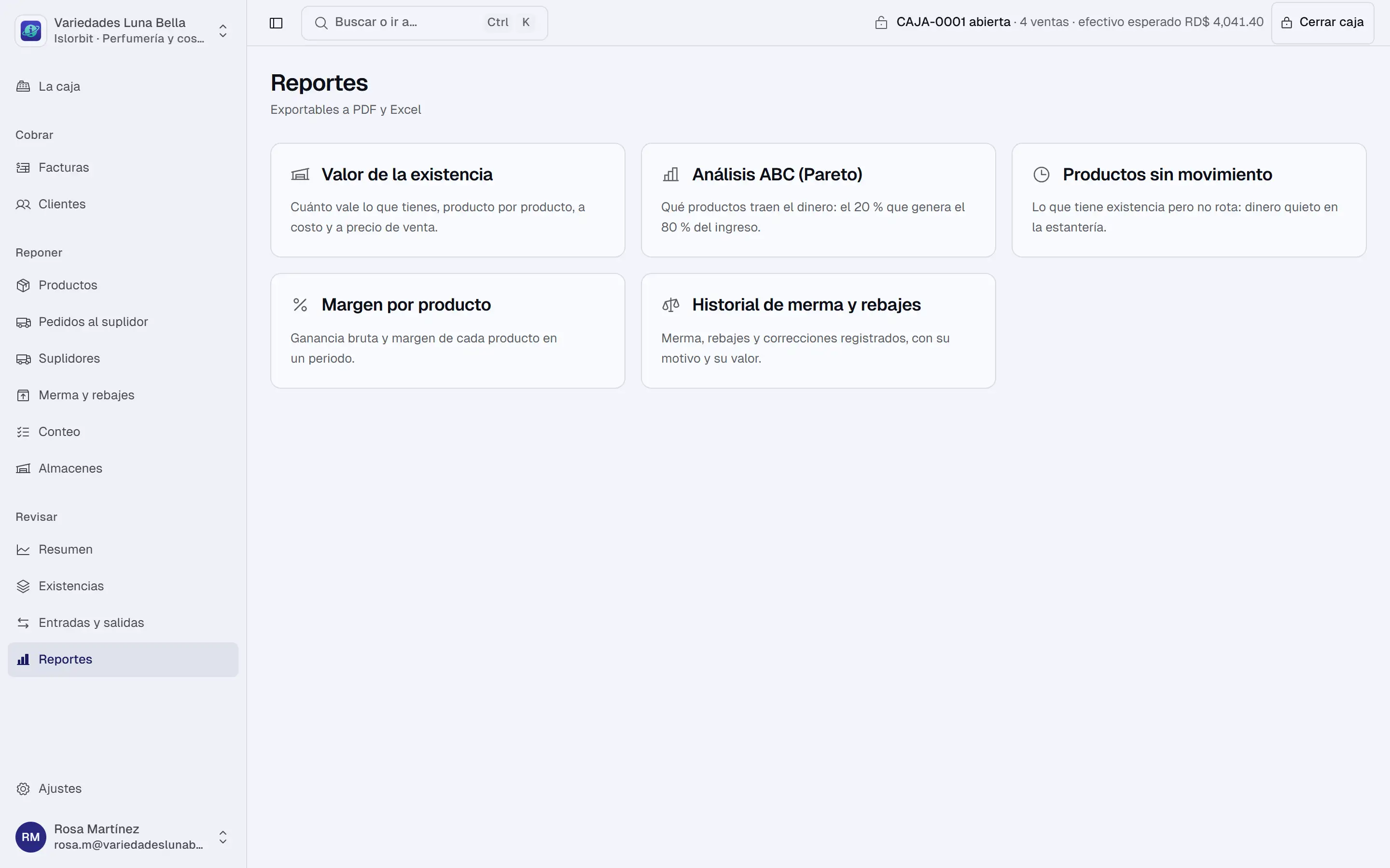 Pantalla de reportes de Islorbit con los cinco: valor de la existencia, análisis ABC, productos sin movimiento, margen por producto e historial de merma y rebajes.