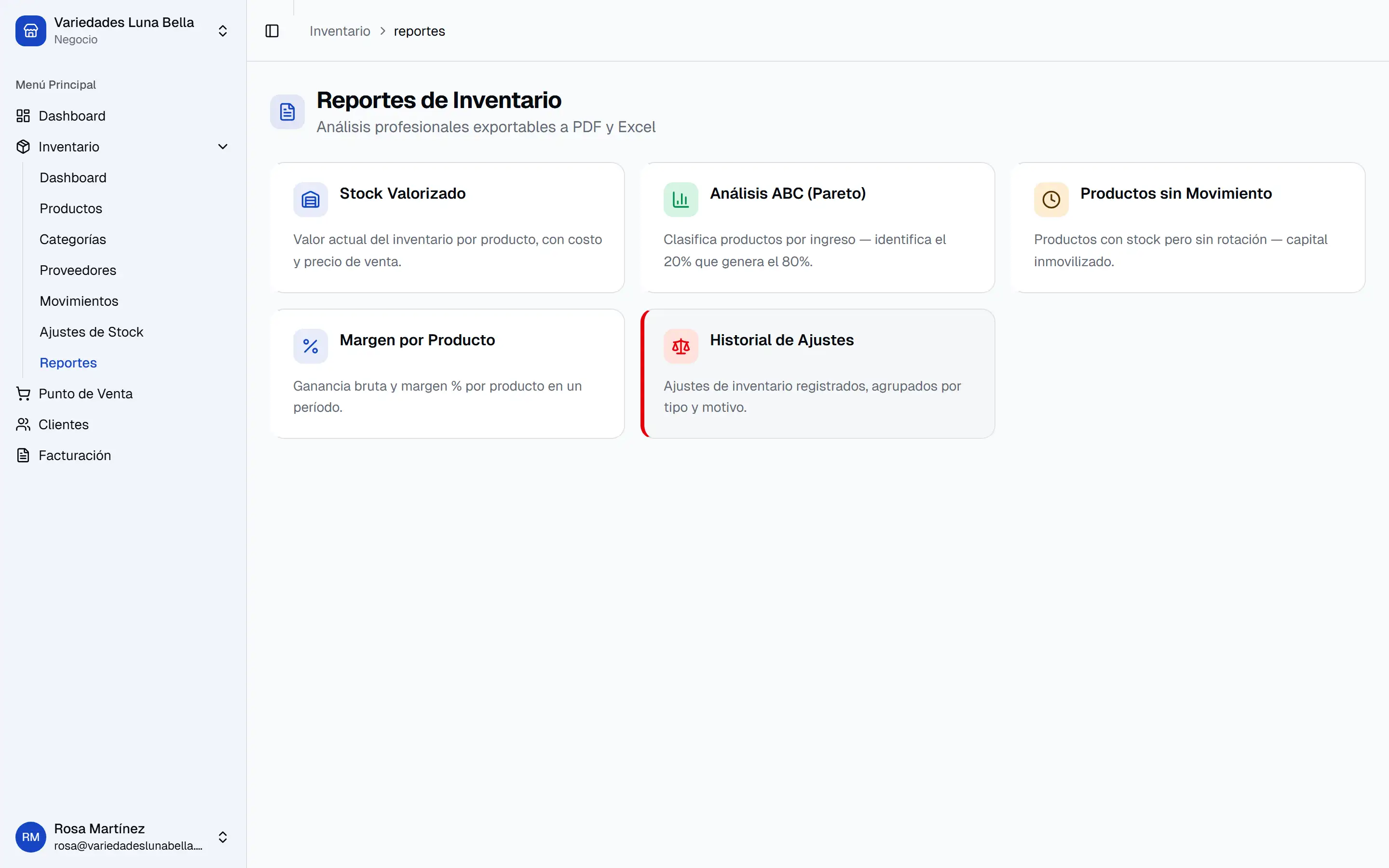 Pantalla de reportes de inventario de Islorbit con las cinco fichas: stock valorizado, análisis ABC, productos sin movimiento, margen por producto e historial de ajustes.