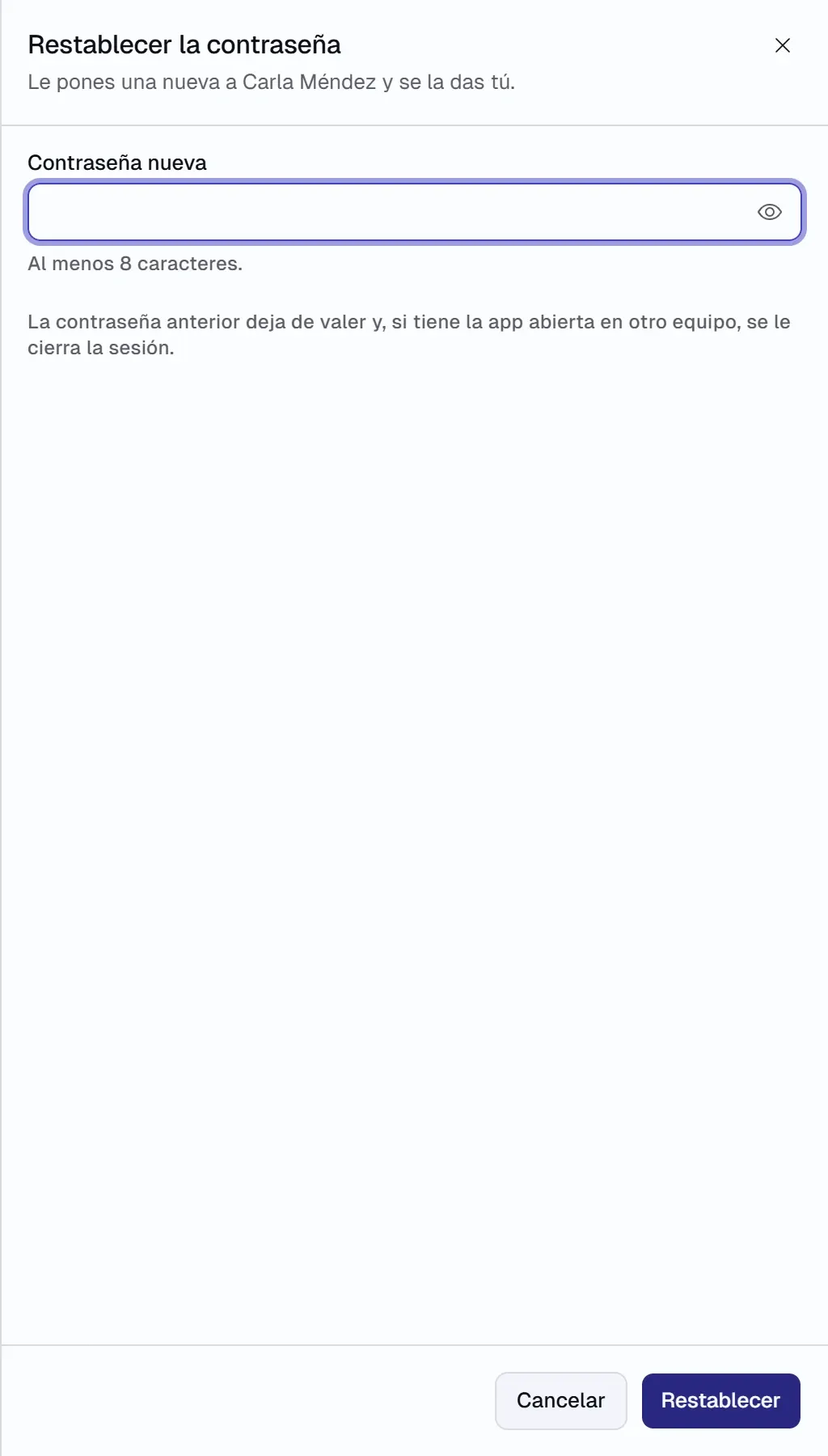 Formulario «Restablecer la contraseña» con el campo «Contraseña nueva» y el botón «Restablecer».