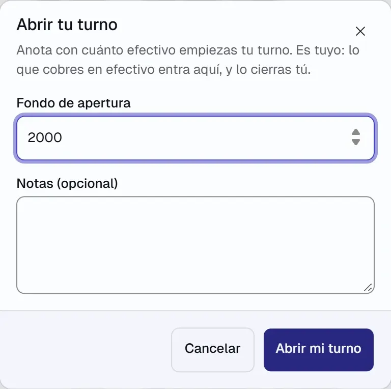 Diálogo «Abrir tu turno» con el «Fondo de apertura» en 2000, «Notas (opcional)» y el botón «Abrir mi turno».